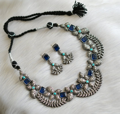 Oxidised silver tone blue-sky blue stone necklace set dj-41501