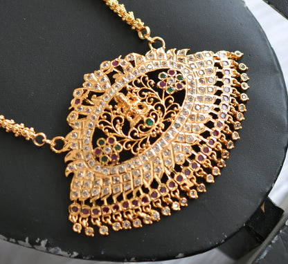 Gold tone ruby-emerald-white south Indian big Lakshmi pendant with chain dj-38795