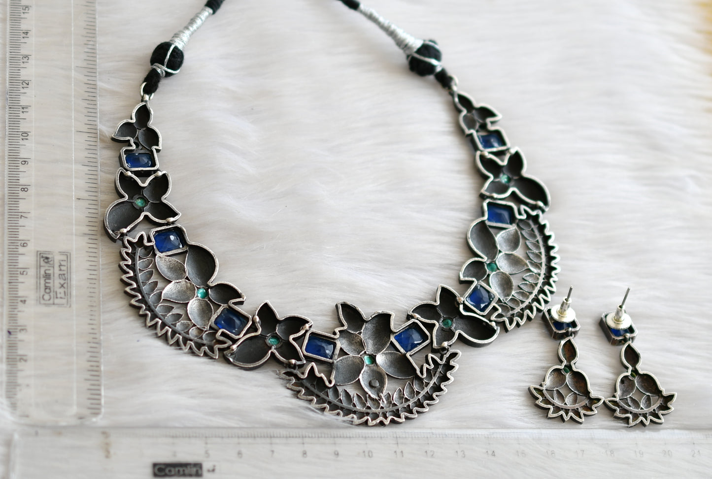 Oxidised silver tone blue-sky blue stone necklace set dj-41501