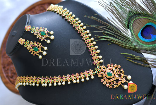 Gold tone ruby-emerald pearl peacock short haar set dj-11459