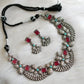 Oxidised silver tone ruby-sky blue stone necklace set dj-41502