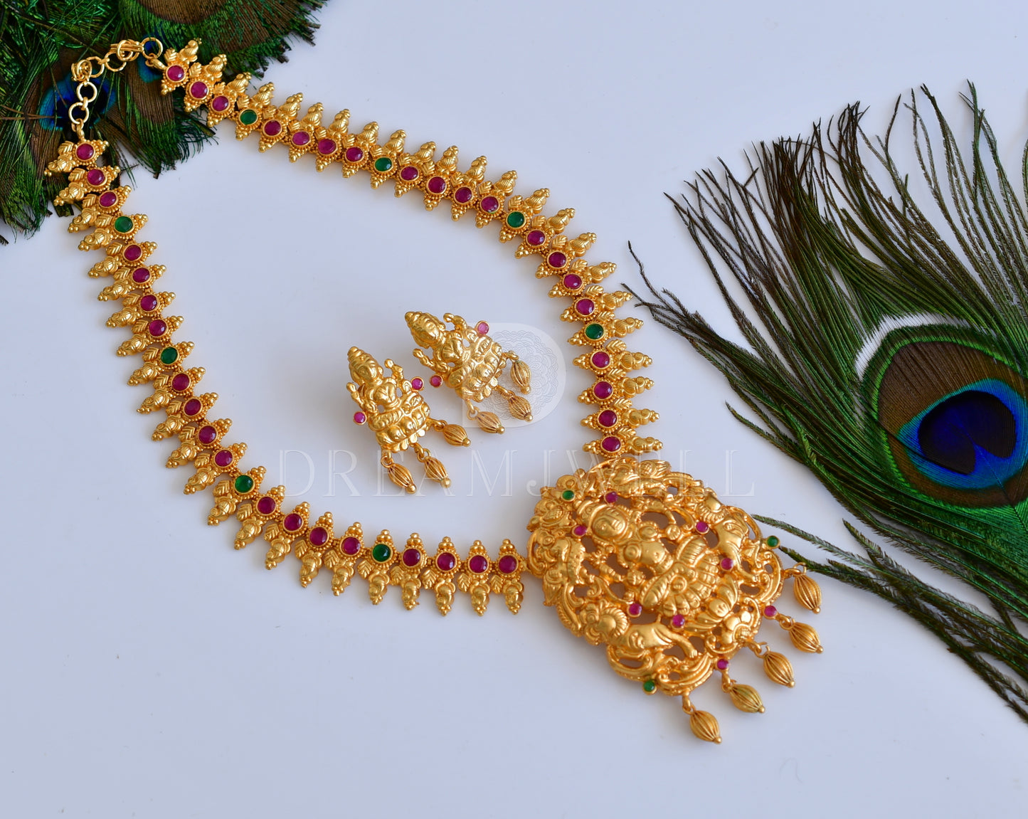 Gold tone ruby-emerald Lakshmi necklace set- DJ04759