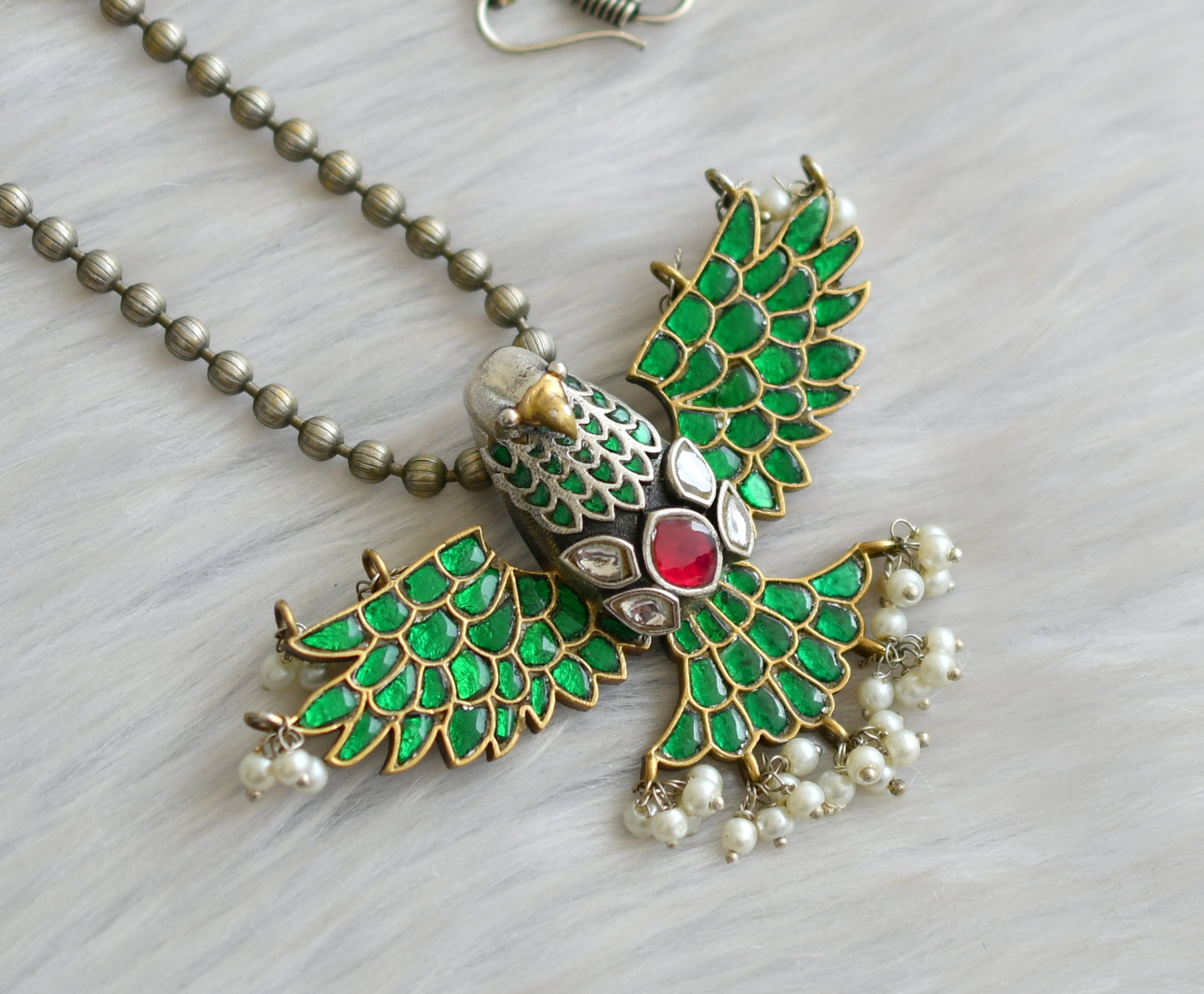 Oxidised silver tone red-white-green kundan jadau stone Garuda haar dj-41491