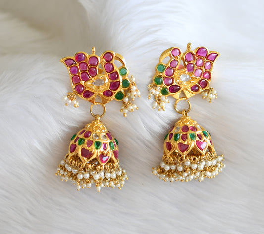 Gold tone ruby-emerald real uncut polki pearl peacock jhumkka dj-22004