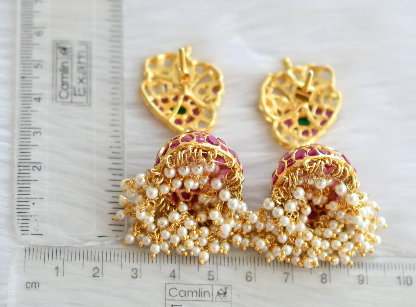 Gold tone ruby-emerald real uncut polki pearl peacock jhumkka dj-22005