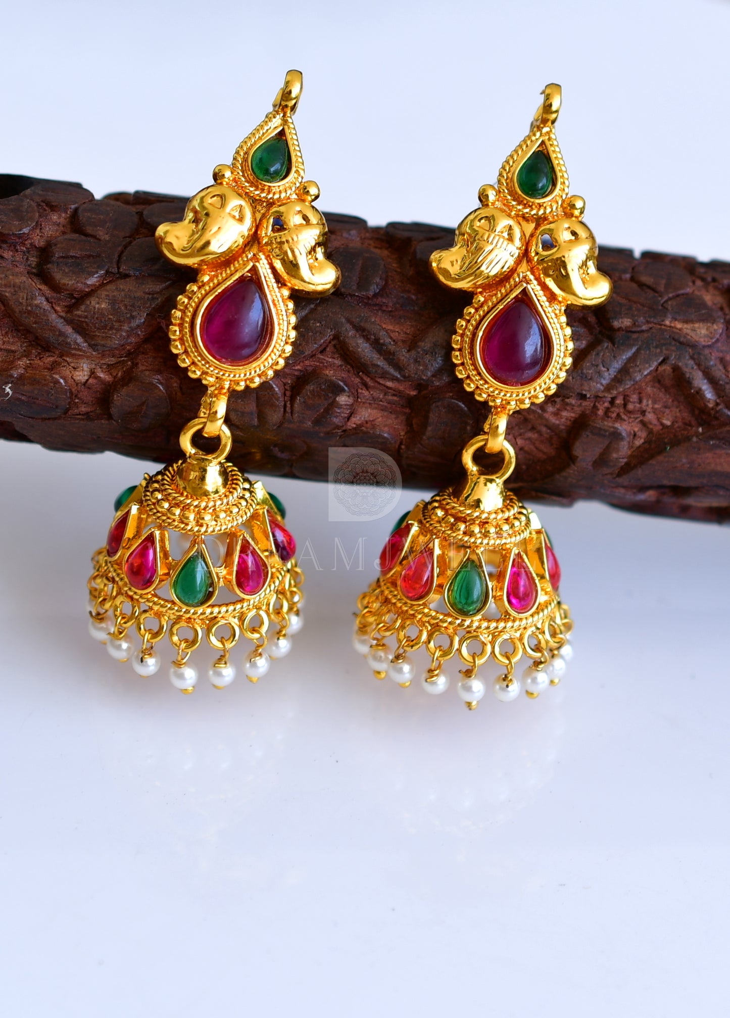 Antique gold tone kemp-green mango Jhumkkas dj-04796