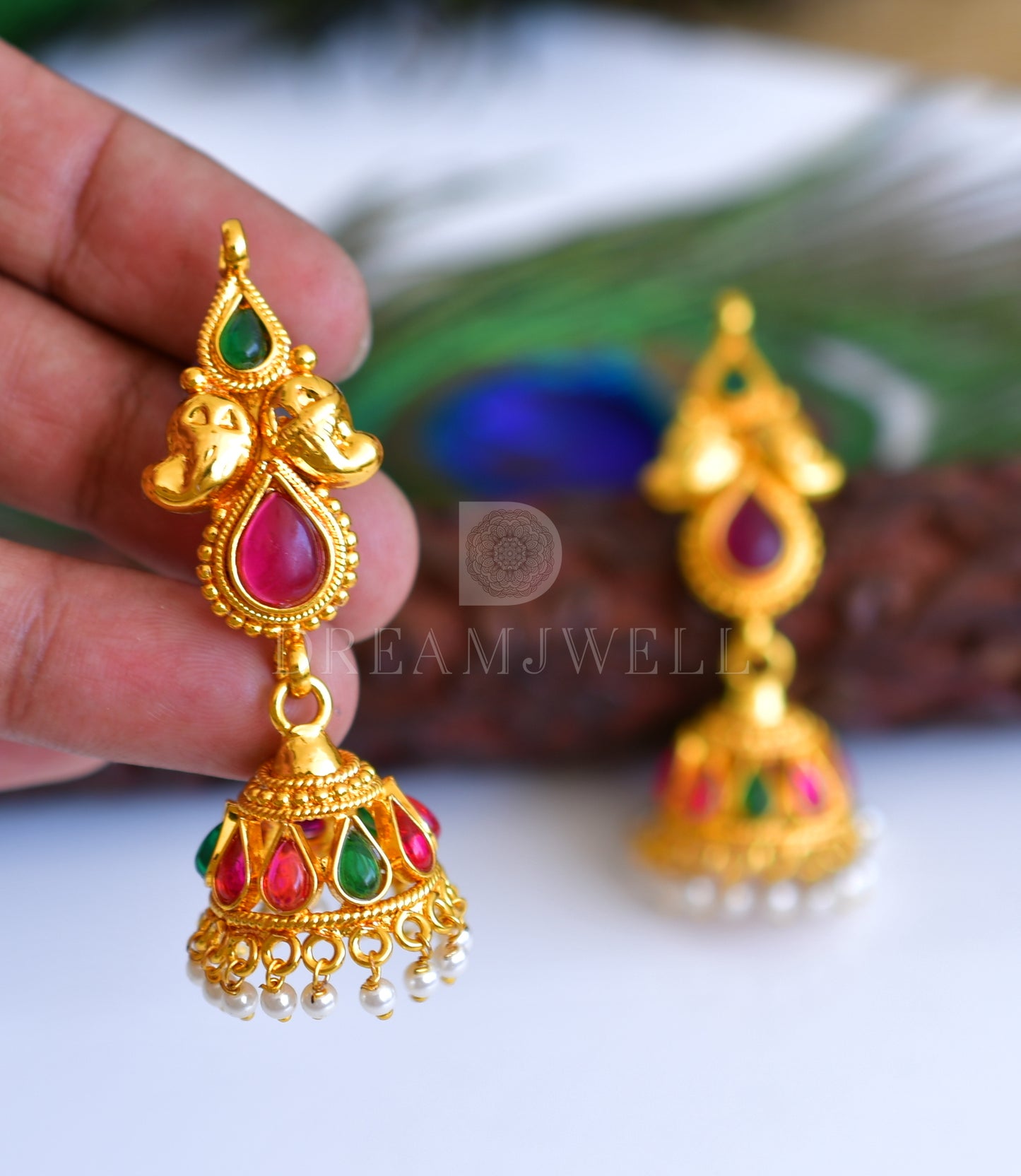 Antique gold tone kemp-green mango Jhumkkas dj-04796