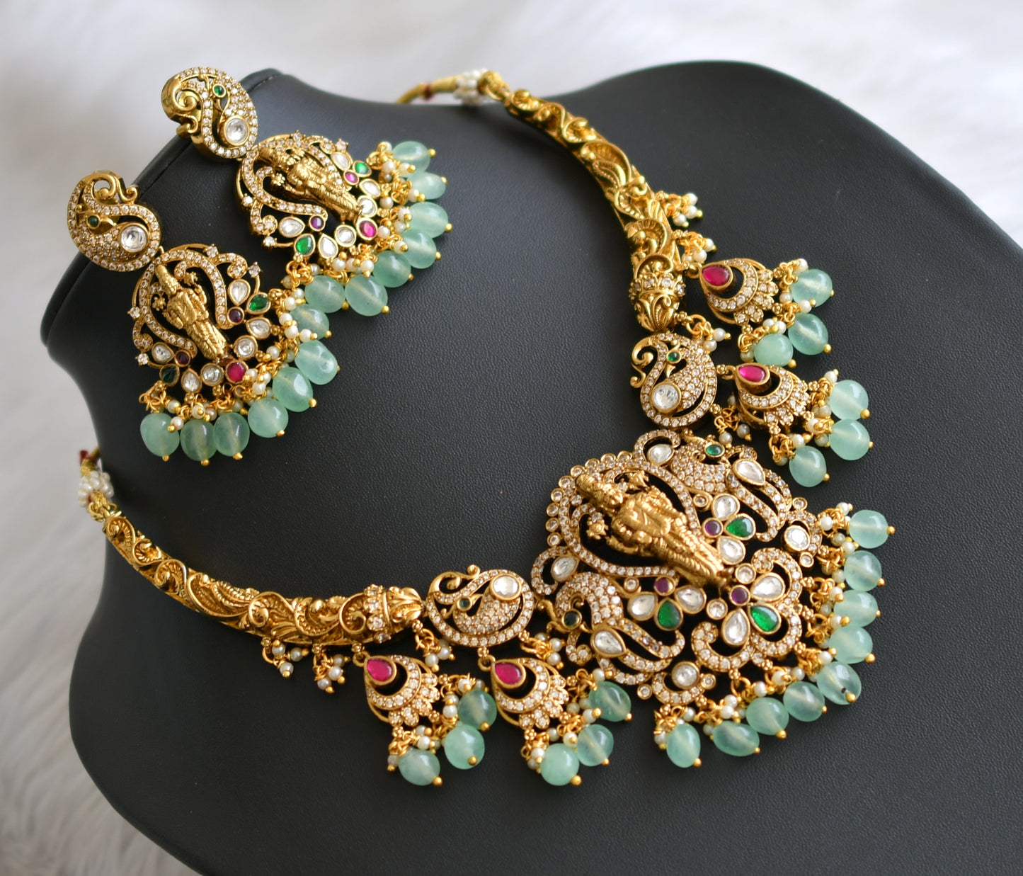 Antique gold tone cz kemp green peacock Thirumal Victorian necklace set dj-41478