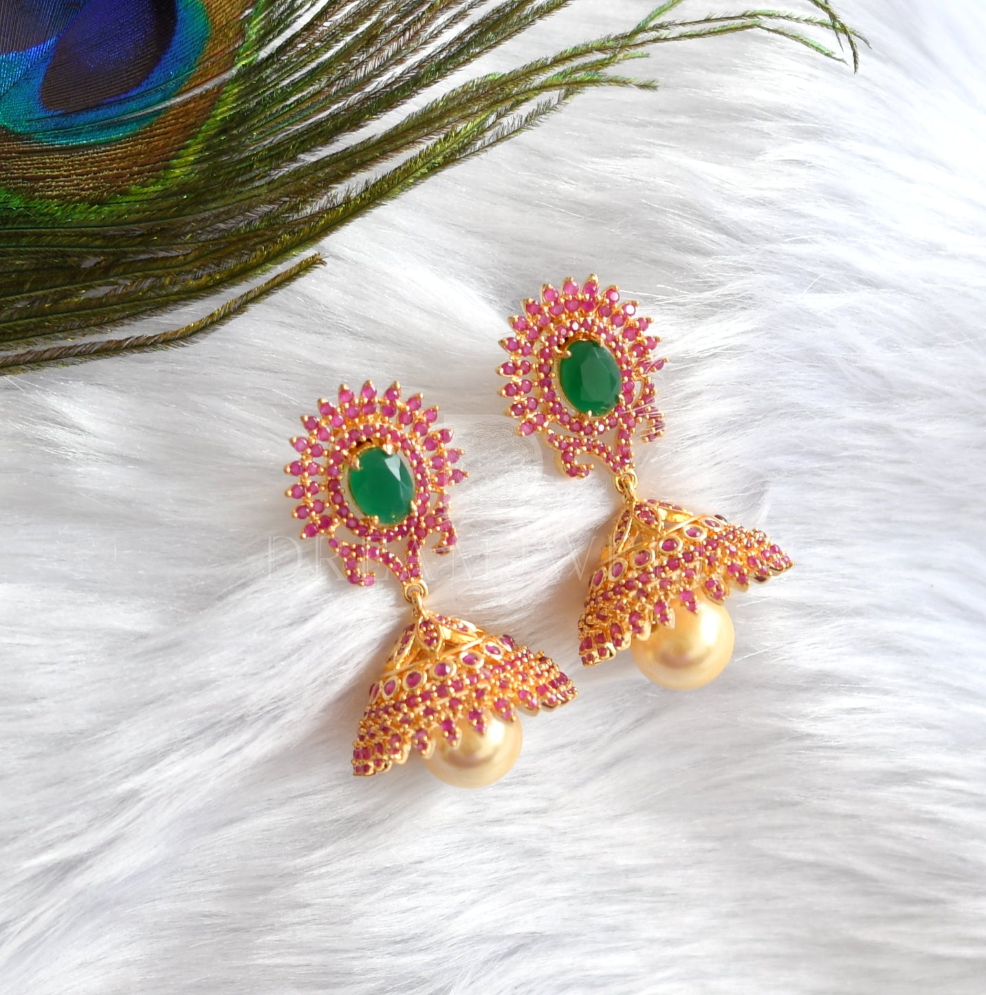 Gold tone ruby-emerald pearl jhumkka-dj05289