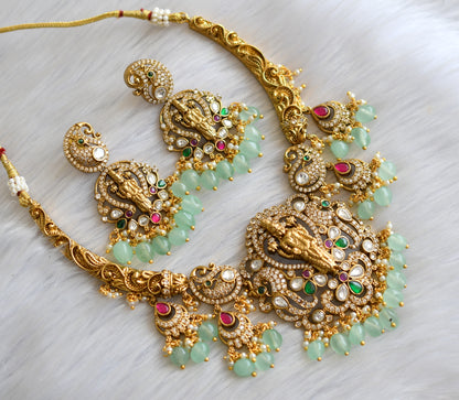 Antique gold tone cz kemp green peacock Thirumal Victorian necklace set dj-41478