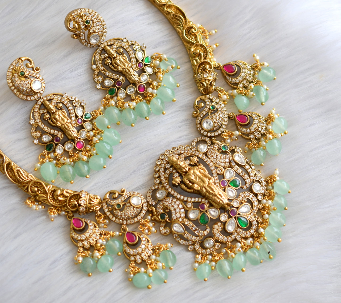 Antique gold tone cz kemp green peacock Thirumal Victorian necklace set dj-41478