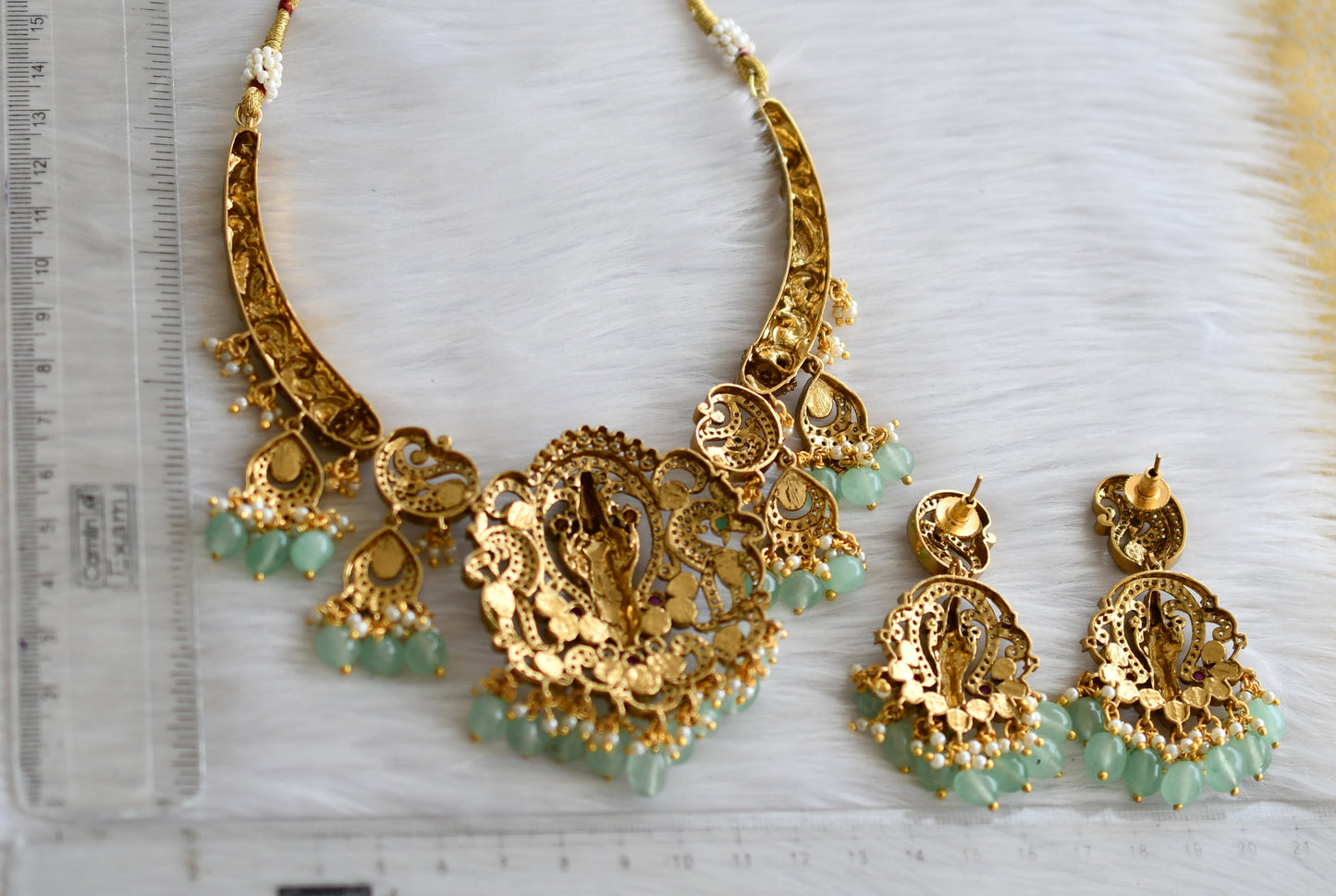 Antique gold tone cz kemp green peacock Thirumal Victorian necklace set dj-41478