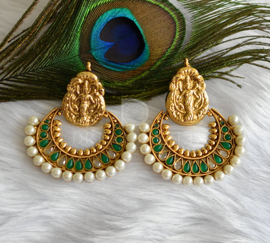 Antique gold tone green-pearl lakshmi bali earrings dj-16557