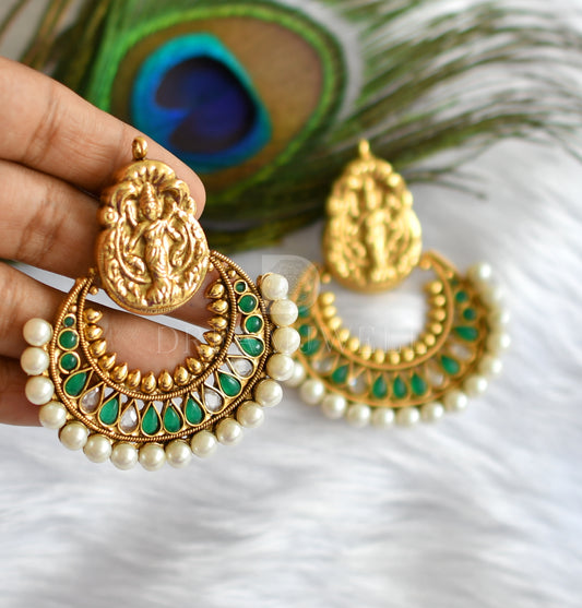 Antique gold tone green-pearl lakshmi bali earrings dj-16557