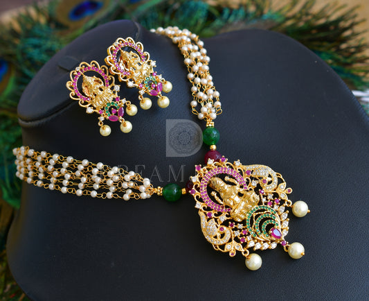 Gold tone pearl multi color Lakshmi designer necklace set dj-35713