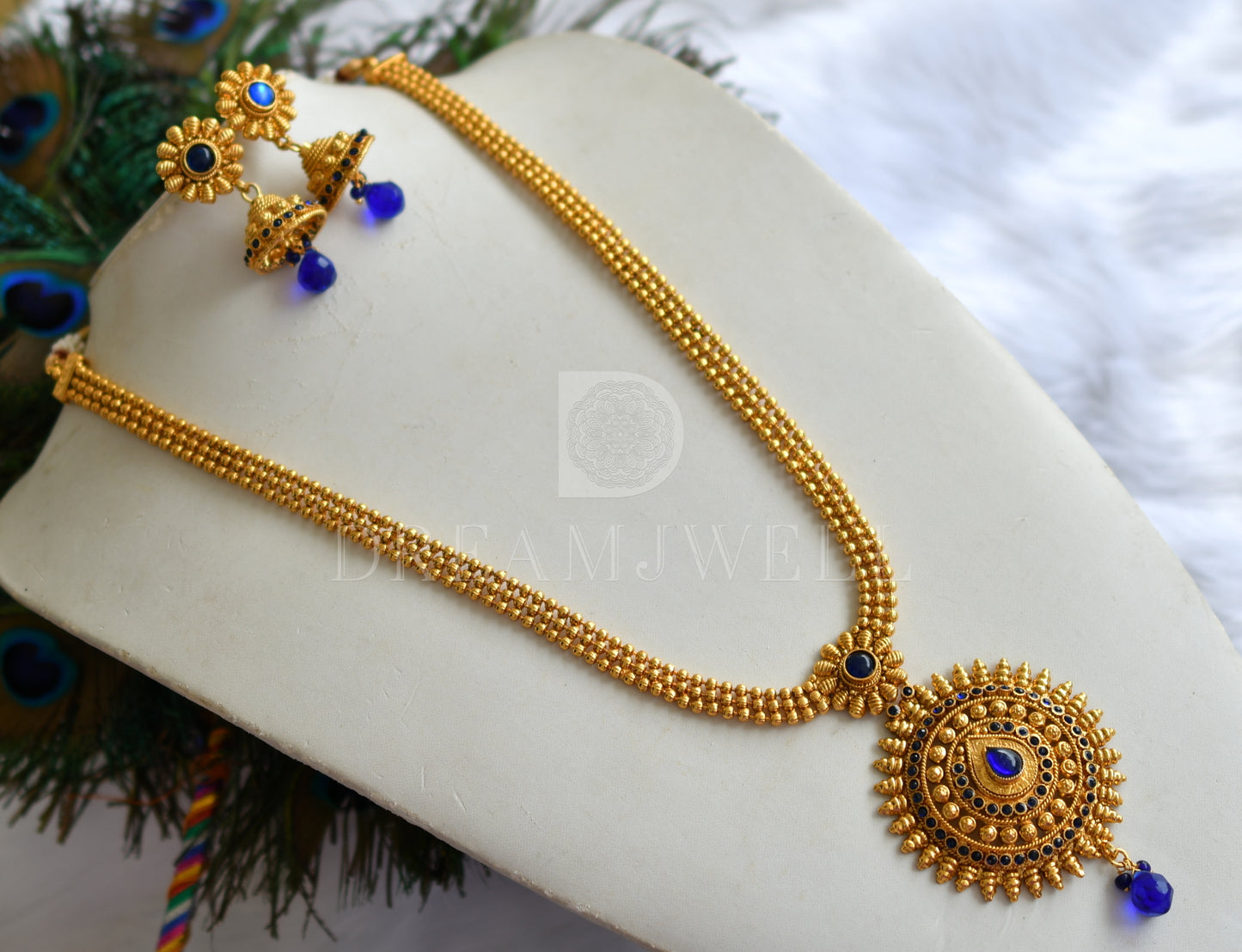 Antique gold tone Blue Round Pendant Short Haar Set -dj17084