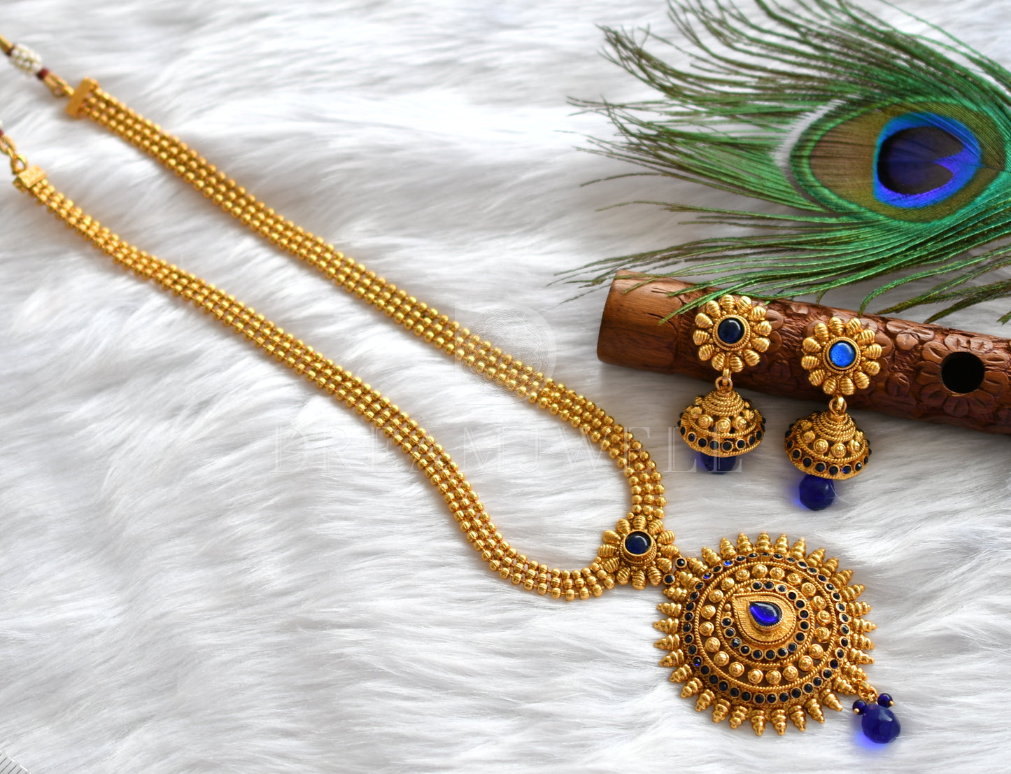 Antique gold tone Blue Round Pendant Short Haar Set -dj17084