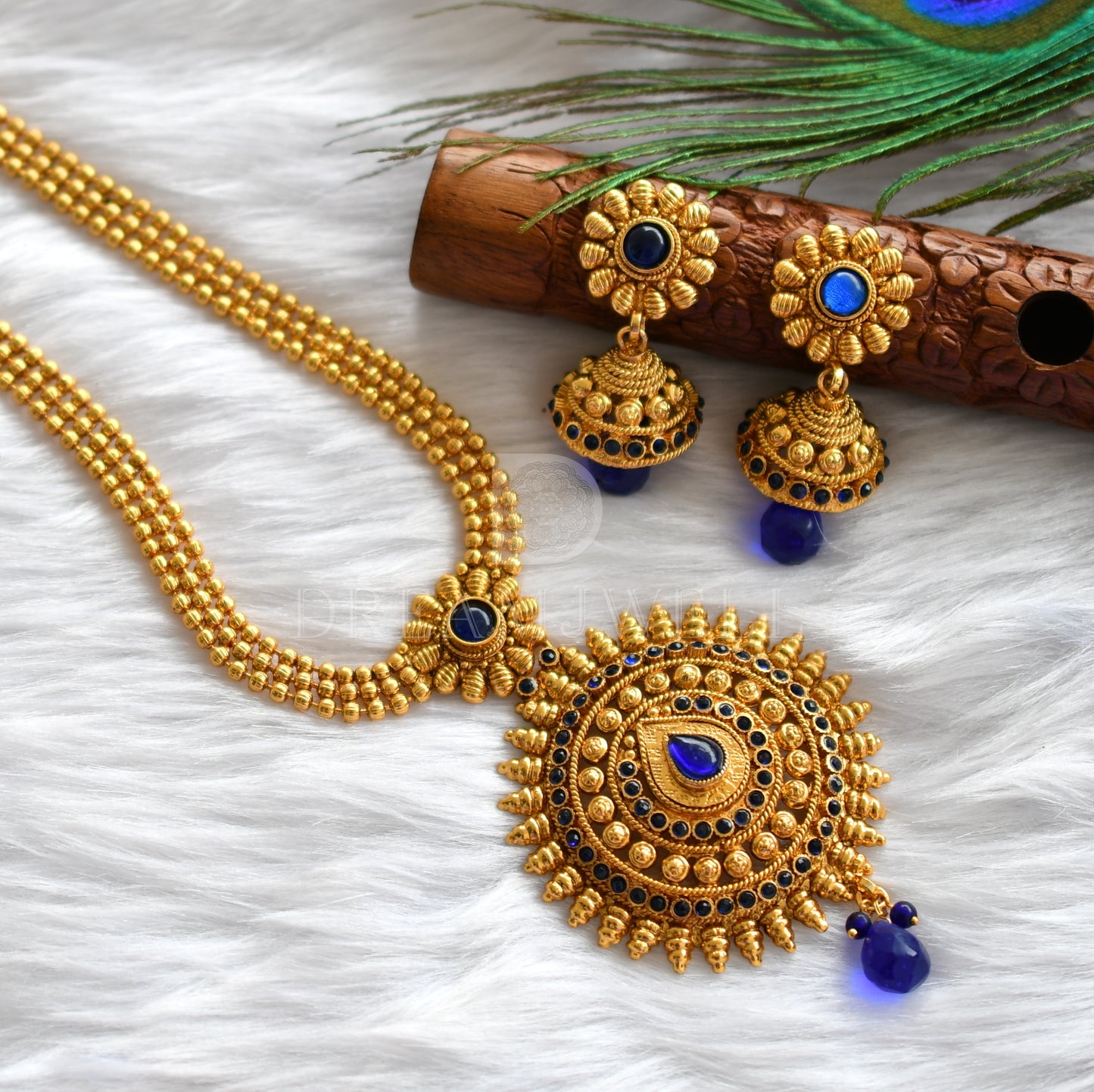 Antique gold tone Blue Round Pendant Short Haar Set -dj17084