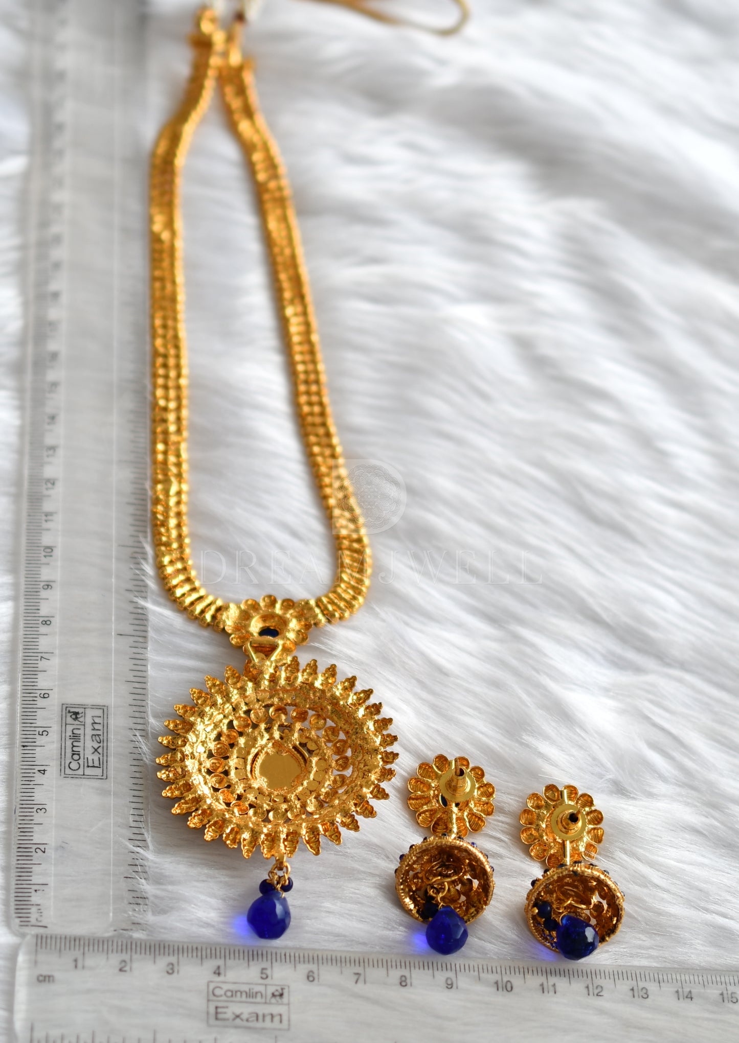 Antique gold tone Blue Round Pendant Short Haar Set -dj17084