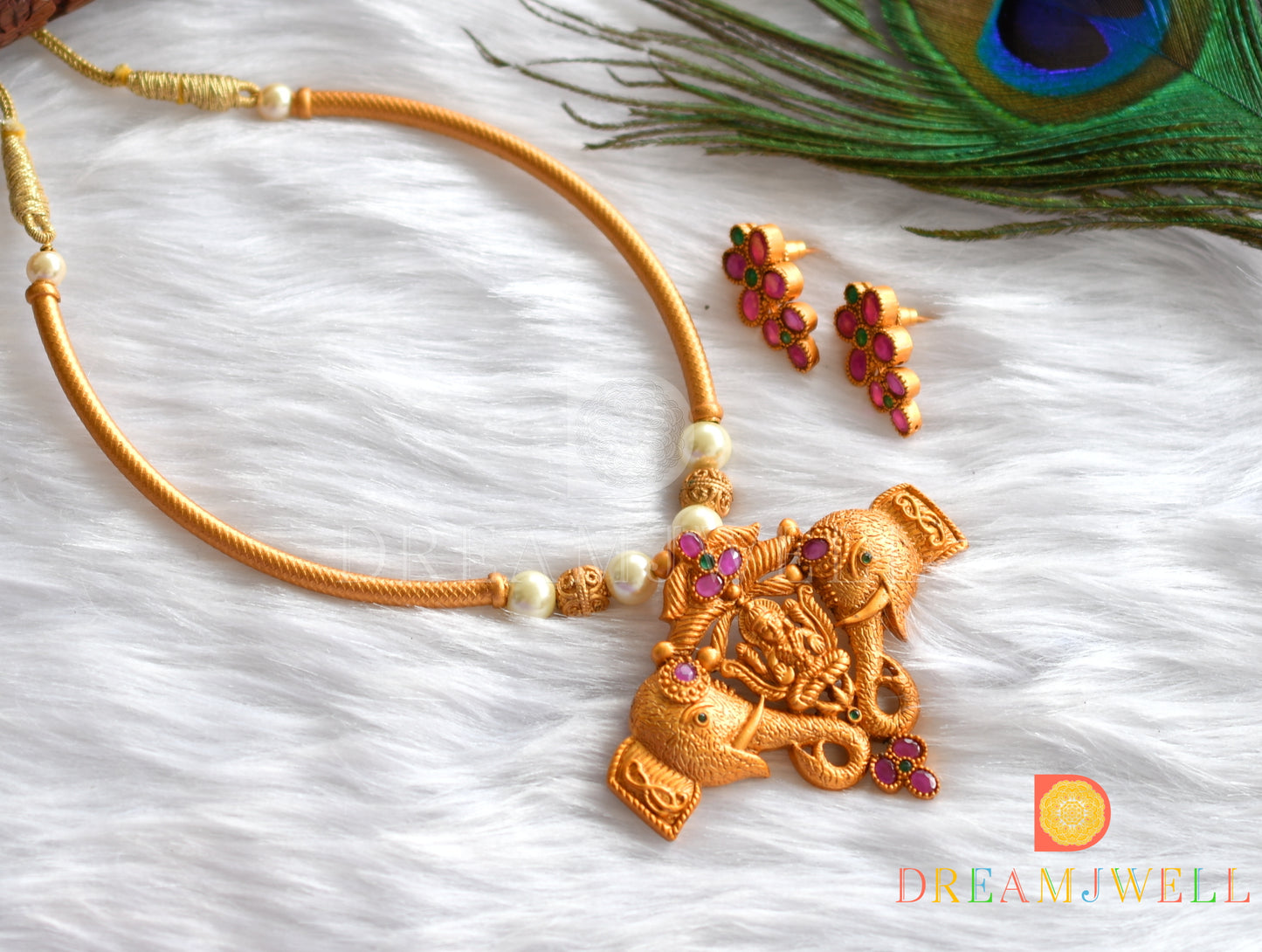 Matte finish ruby-green Lakshmi-Elephant necklace set dj-37984