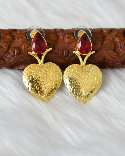 Gold tone red stone heart earrings dj-38809