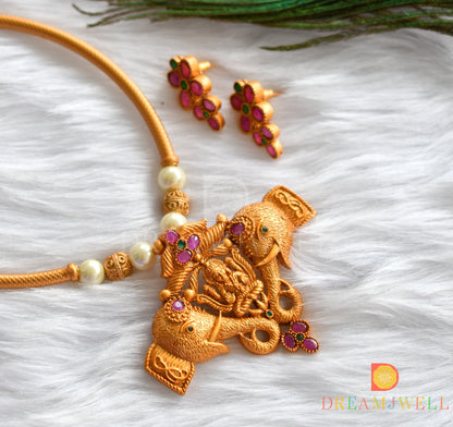 Matte finish ruby-green Lakshmi-Elephant necklace set dj-37984