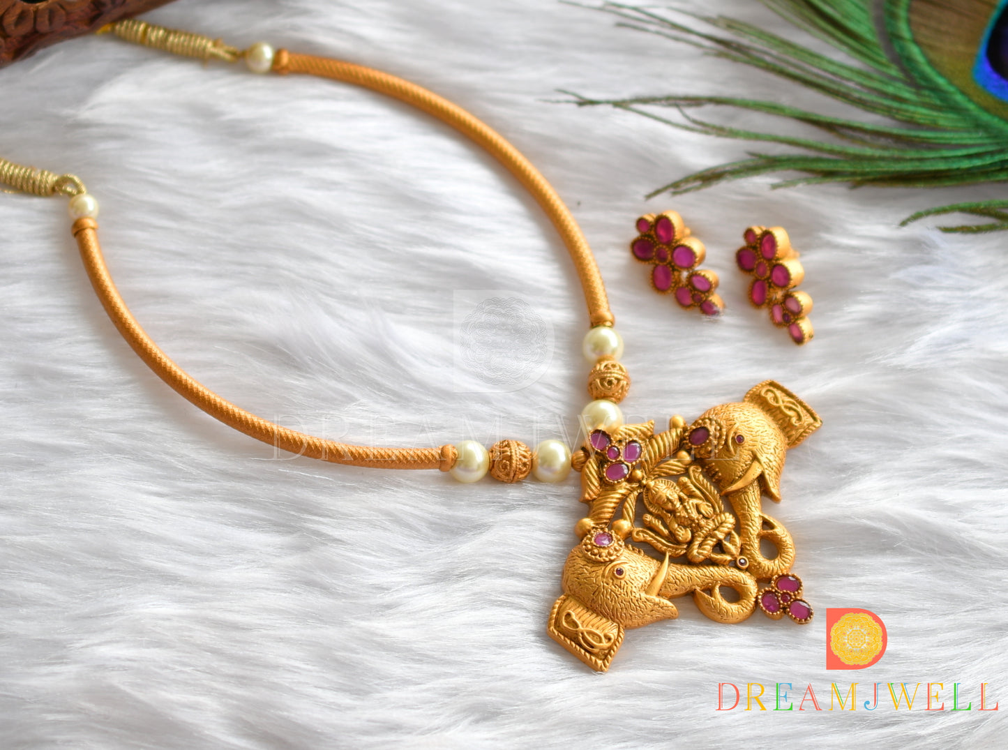 Matte finish ruby Lakshmi-Elephant necklace set dj-37985