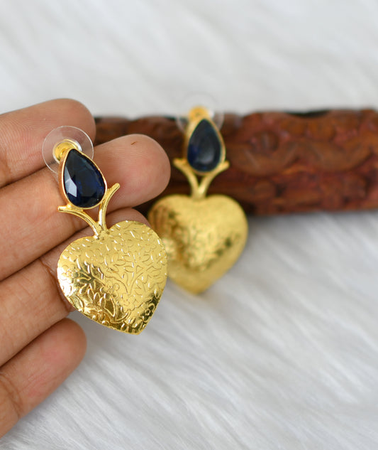 Gold tone blue stone heart earrings dj-38810