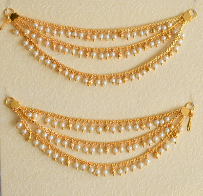 Gold tone pearl cluster multi layer earrings side chain dj-41476