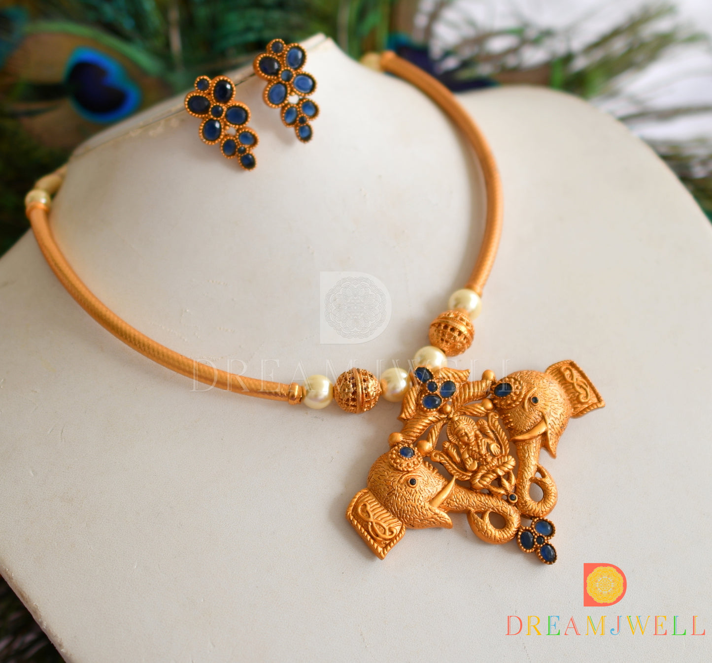 Matte finish blue Lakshmi-Elephant necklace set dj-37986