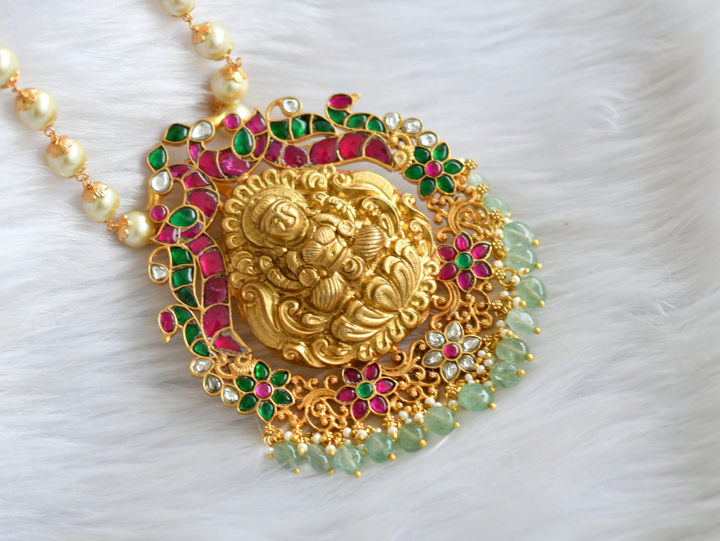 Gold tone pink-green-white kundan jadau Lakshmi-peacock pendant necklace dj-39554