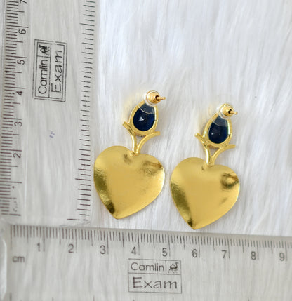 Gold tone blue stone heart earrings dj-38810