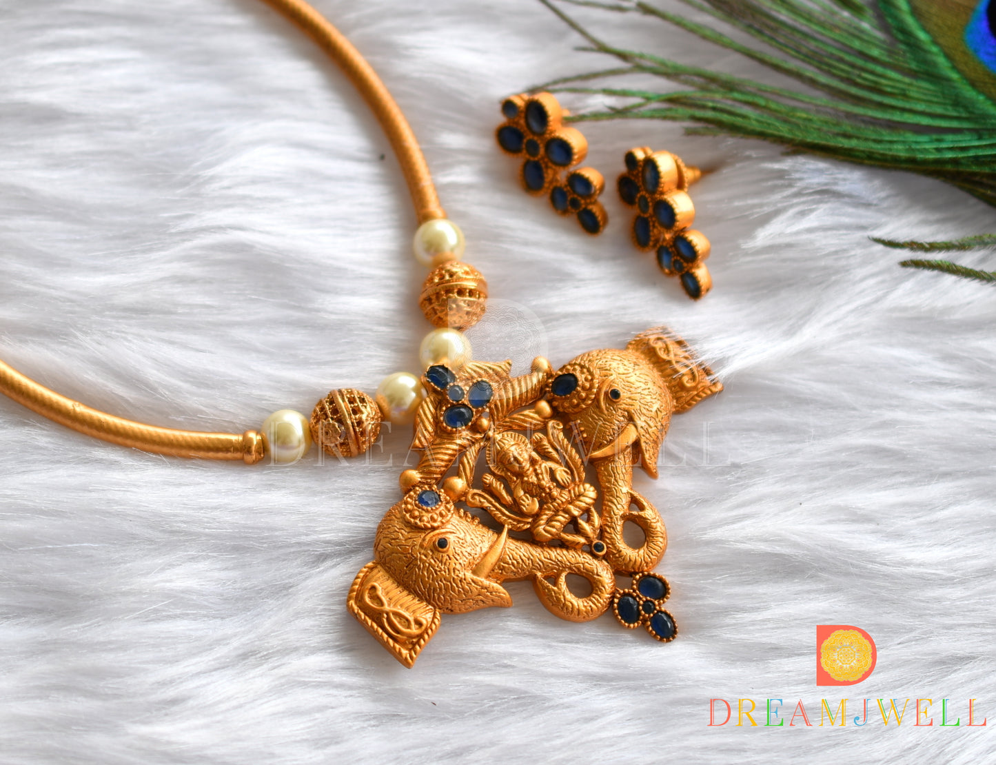 Matte finish blue Lakshmi-Elephant necklace set dj-37986