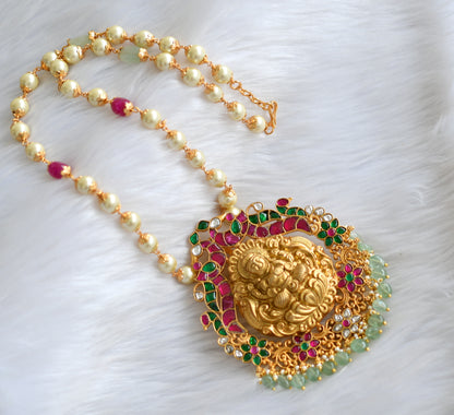 Gold tone pink-green-white kundan jadau Lakshmi-peacock pendant necklace dj-39554