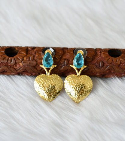 Gold tone sky blue stone heart earrings dj-38812