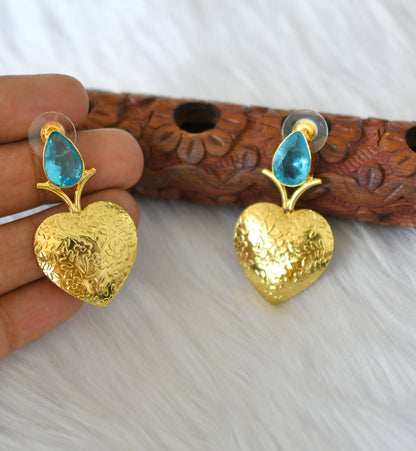 Gold tone sky blue stone heart earrings dj-38812