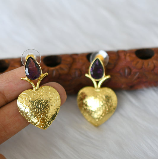 Gold tone purple stone heart earrings dj-38813