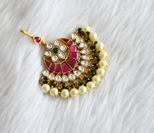 Gold tone pink-green-white kundan jadau tikka dj-39551