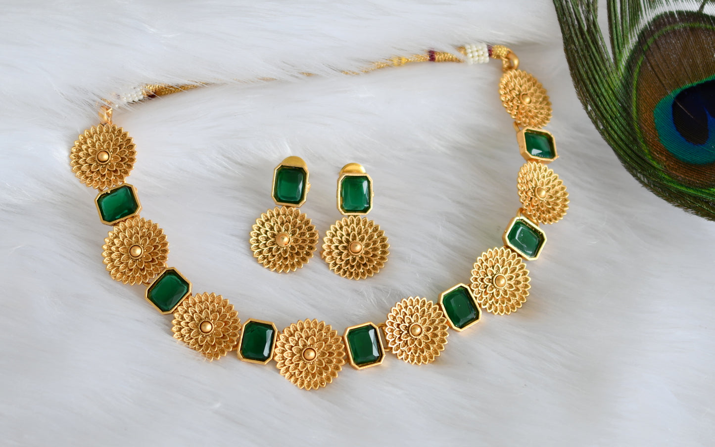 Antique emerald block stone designer necklace set dj-34700