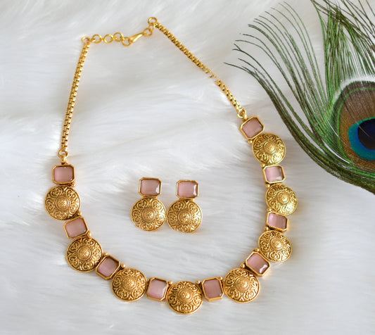 Antique baby pink block stone designer necklace set dj-34707