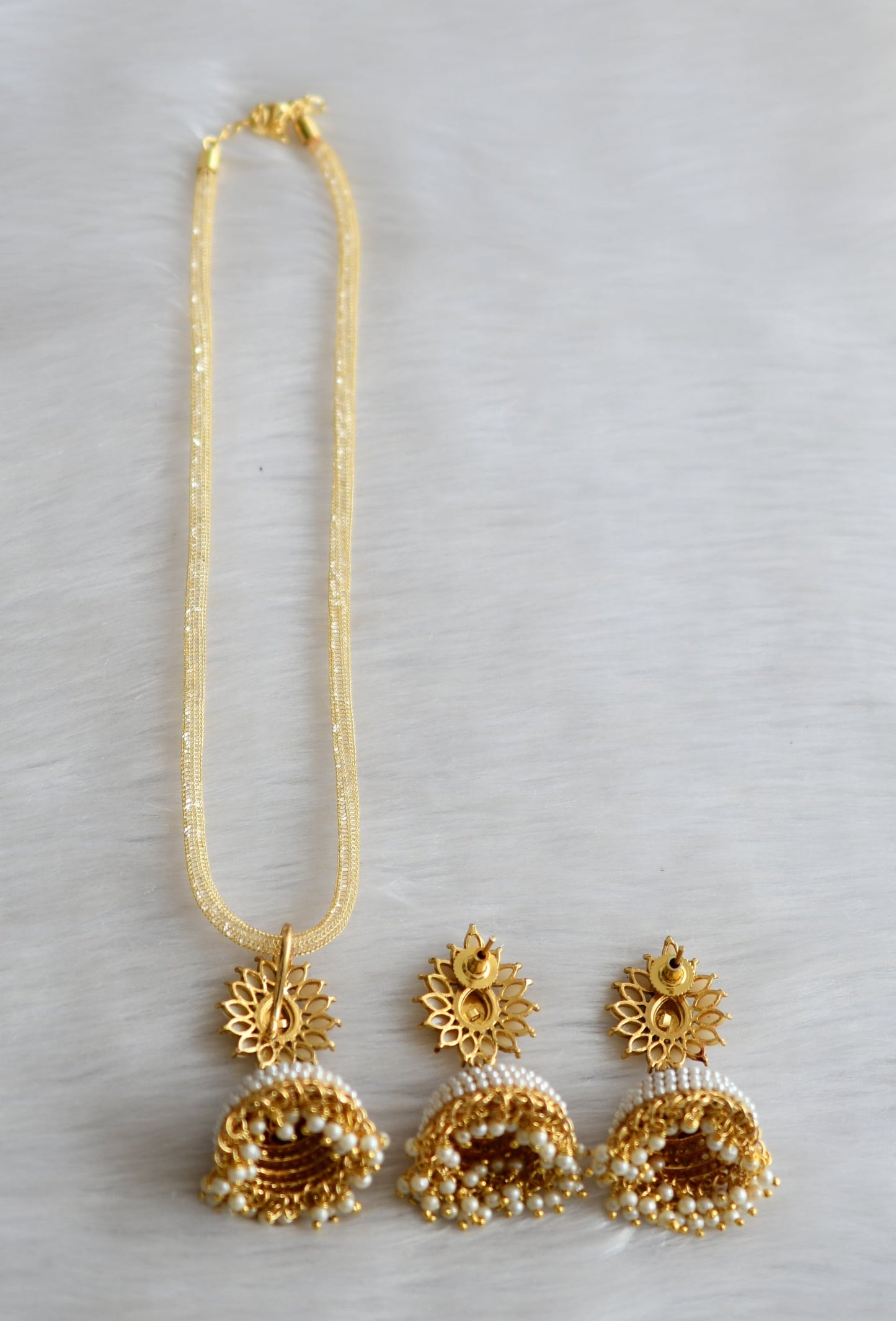 Antique gold tone meenakari pearl jhumkka pendant necklace set dj-03120