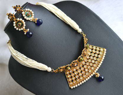 Antique gold tone blue choker pearl necklace set dj-03114