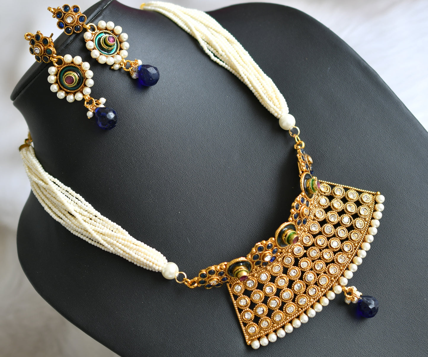 Antique gold tone blue choker pearl necklace set dj-03114