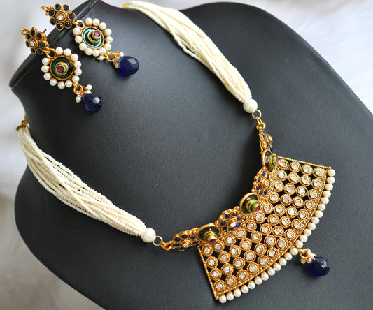 Antique gold tone blue choker pearl necklace set dj-03114