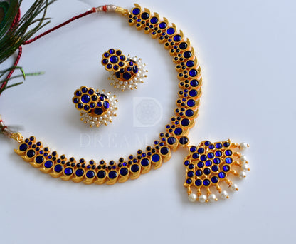 Gold tone blue mango temple necklace set dj-15939