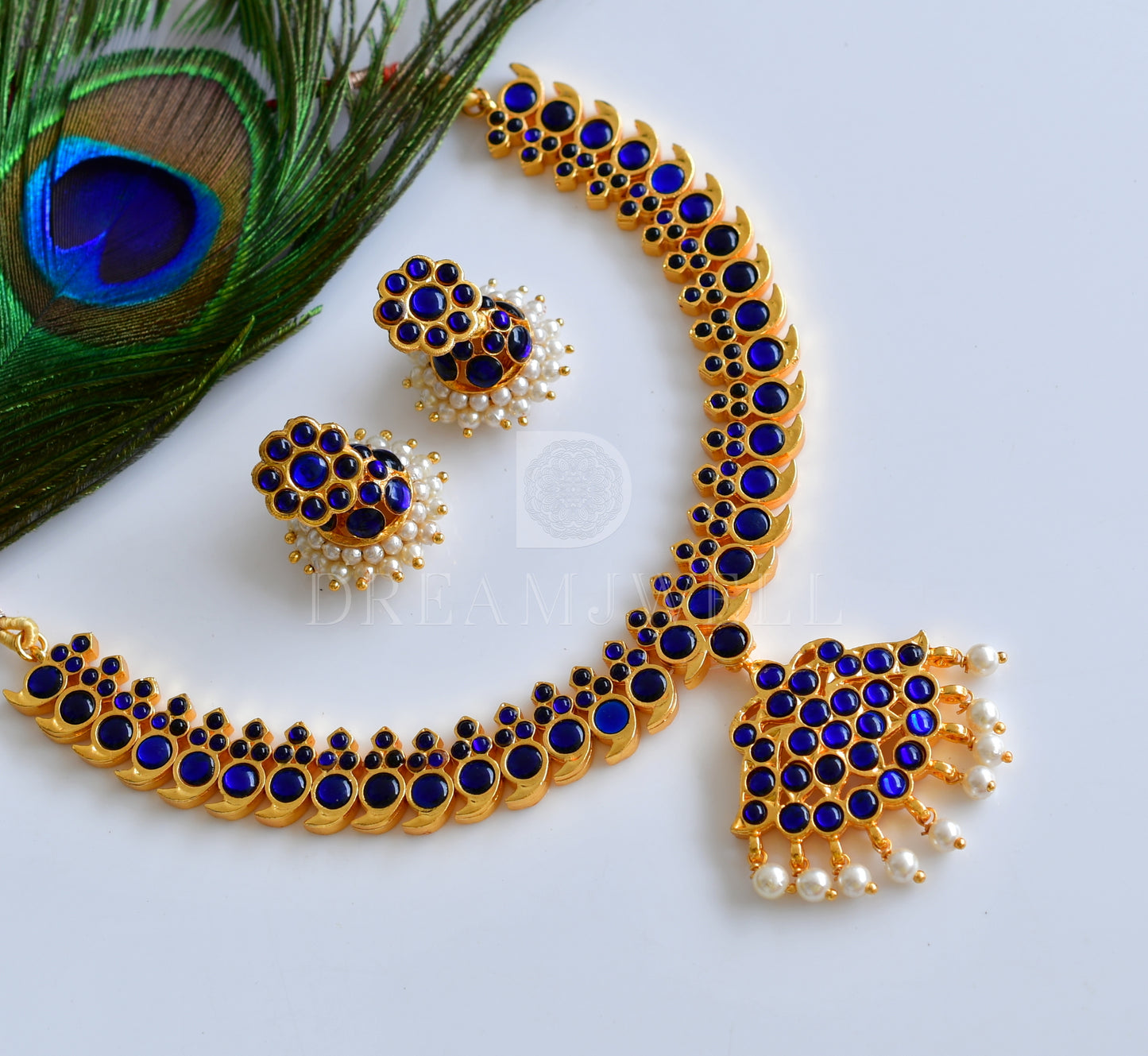 Gold tone blue mango temple necklace set dj-15939