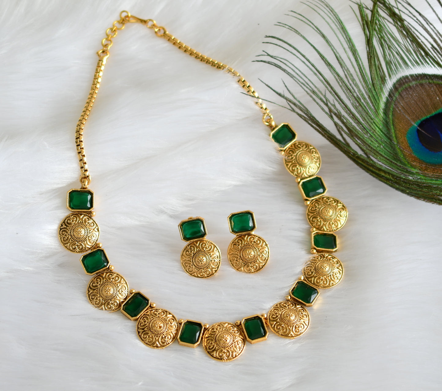 Antique emerald block stone designer necklace set dj-34706