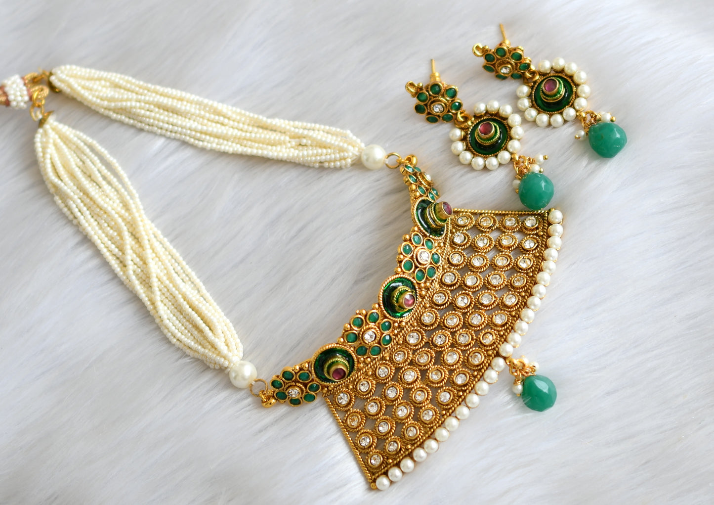 Antique gold tone green choker pearl necklace set dj-03117