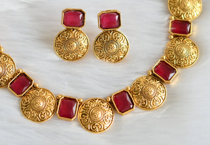 Antique ruby block stone designer necklace set dj-34705