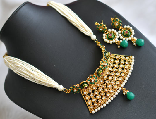 Antique gold tone green choker pearl necklace set dj-03117